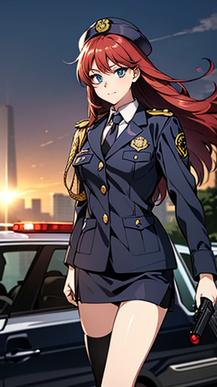 Highest quality、masterpiece、8k、Realistic、超High resolution、Very delicate and beautiful、High resolution、Cinema Lighting、medium range shooting、Portraiture、Perfect female body、Beautiful woman、Mature Woman、Turn over the documents、Reading the documents、Large Breasts、Cityscape、(Long Straight Hair、Ahoge、Red Hair)、((Female police officer:1.4、uniform、limited cap、uniformボタン、tie、uniform jacket))、Police Vehicles、Baton、handcuffs、wireless、Best、Leather shoes、Name tag、uniformパッチ、Bulletproof Best、Police Badge、Micro Mini Skirt、boots、gun、Police Badge、Epaulettes、uniform Micro Mini Skirt