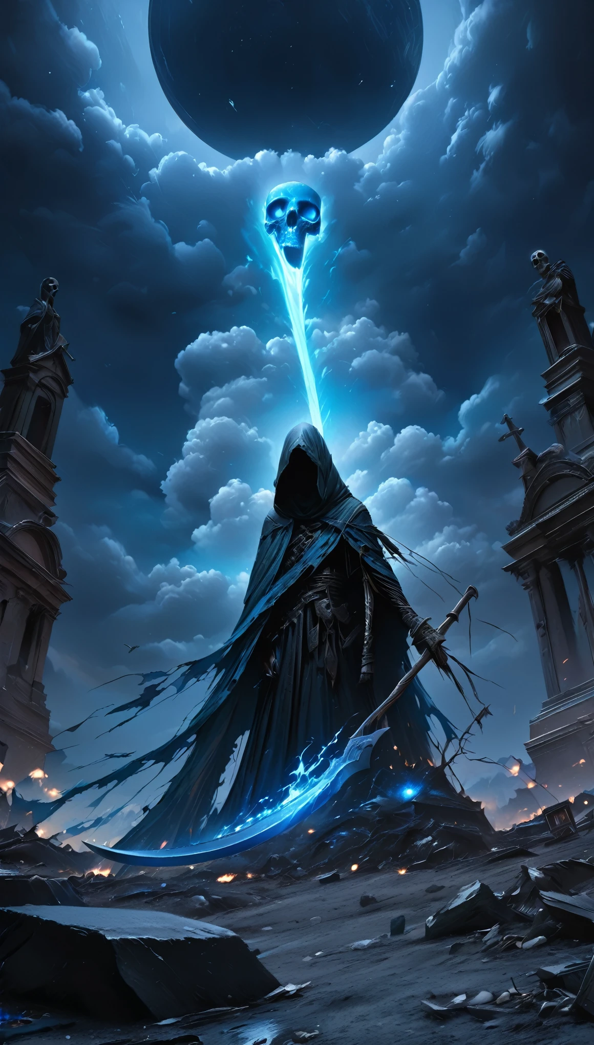 Quality (masterpiece, best Quality, 8k, wallpaper of extremely detailed CG unit, high resolution, top-Quality, top-Quality real texture skin, hyper realistic, increase the resolution, RAW Photos, best Quality, highly detailed, The wallpaper), BREAK, Alone, hooded youth with a giant scythe wrapped in blue fire, Dark clothing with skull details, postura amenazante en un dark cemetery, Giant full moon in the background in the shape of a skull illuminating the scene. Extreme details in the texture of clothing, glow of blue fire coming out of the scythe and detailed texture of the sky and moon. BREAK, Background (dark cemetery, broken tombstones, dim lights of the flames, night sky with scattered clouds), (Dynamic Angle:1.6), (Pulitzer Prize winning photo:1.3), (award winning photo), Beautiful dramatic lighting that highlights the contrast between the darkness and the blue fire, details in the apocalyptic environment, high shutter speed, depth in the artistic approach to the scene, (long shot:1.5), (wide shot:1.5)