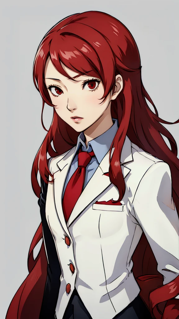 Mitsuru kirijo, portrait, suit, tie, light red hair, red eyes, long hair, hair over one eye , hair over one eye, mature, white background 