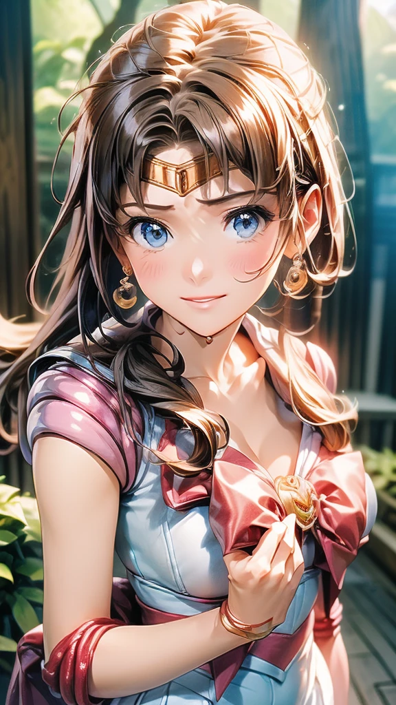 (Woman close up)、((Depict the whole body))、10 generations of women、Pink Lip Gloss、smile、blush、(Open the lipstick a little、High resolution、16K))、In the forest、Perfect cosplay of sailormoon、Depict the whole body、One girl, solo, High resolution, Anatomically correct, Highest quality, 