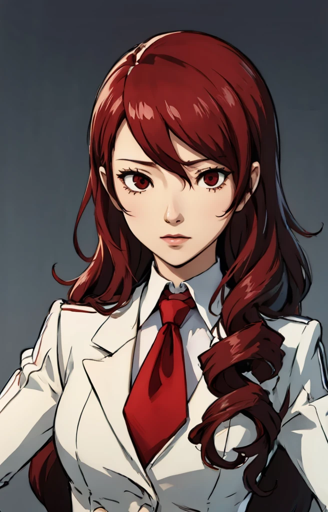 Mitsuru kirijo, portrait, suit, tie, light red hair, red eyes, long hair, hair over one eye , hair over one eye, mature, white background 