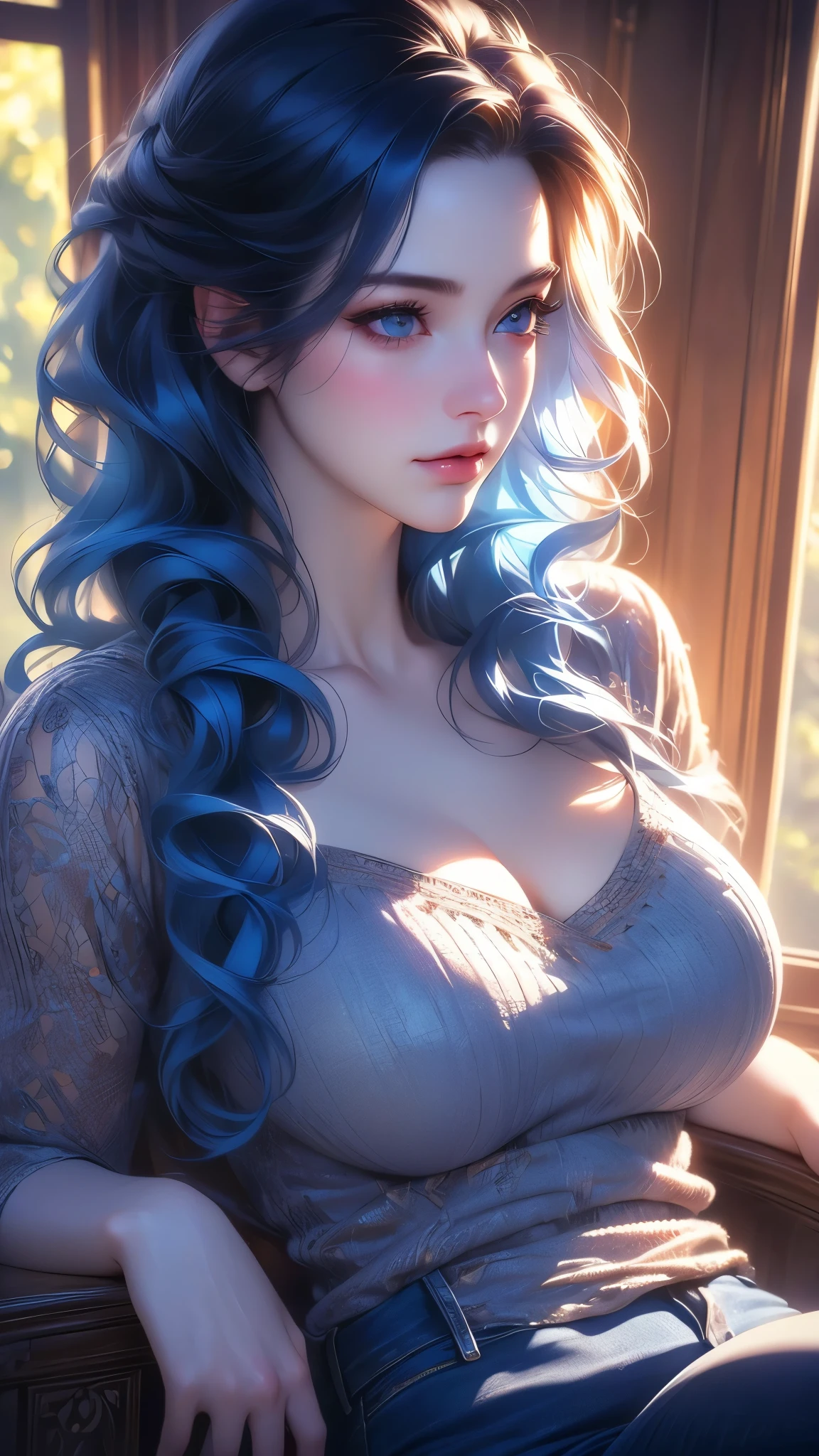 girl with soft blue hair posing, nipples covered, giant breasts, 1girl, solo, breasts, cleavage, denim, long hair, window, lips, realistic, jeans, blue eyes, black hair, medium breasts, nose, curly hair, wavy hair, (best quality,4k,8k,highres,masterpiece:1.2),ultra-detailed,(realistic,photorealistic,photo-realistic:1.37),highly detailed face, beautiful detailed eyes, beautiful detailed lips, extremely detailed eyes and face, long eyelashes, photorealistic, intricate details, natural lighting, warm color tones, cinematic lighting, volumetric lighting, chiaroscuro lighting, soft shadows