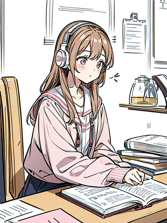 A cute girl in a pink outfit, her light brown wavy hair studying for her college thesis while listening to music with headphones 