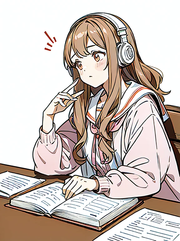 A cute girl in a pink outfit, her light brown wavy hair studying for her college thesis while listening to music with headphones 