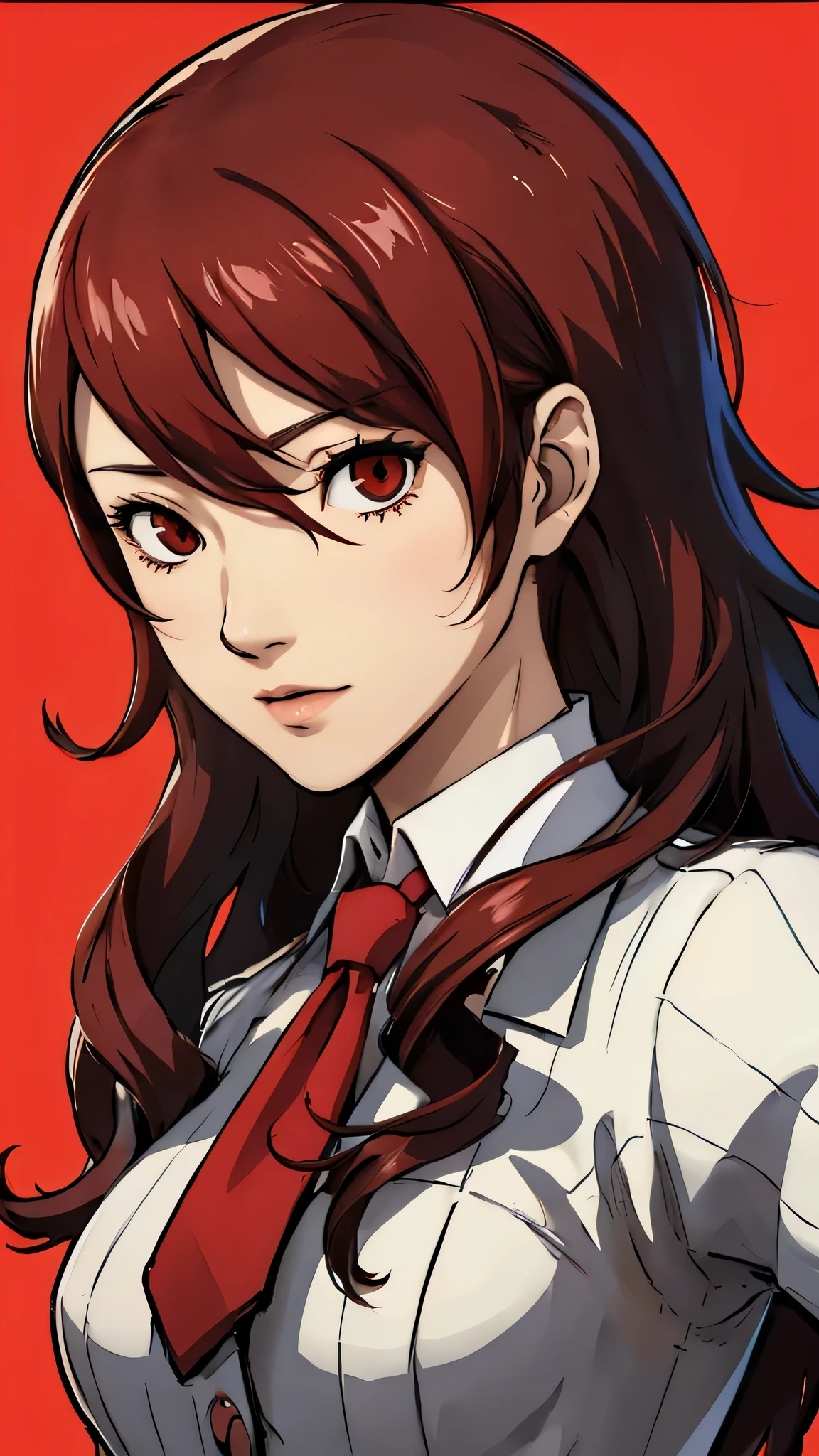 Mitsuru kirijo, portrait, suit, tie, light red hair, red eyes, long hair, hair over one eye , hair over one eye, mature, white background 