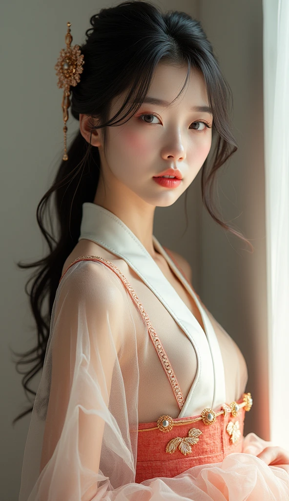 A beautiful long-haired Chinese woman without clothes,Her hair is very, very long,Completely covers sensitive parts of the body