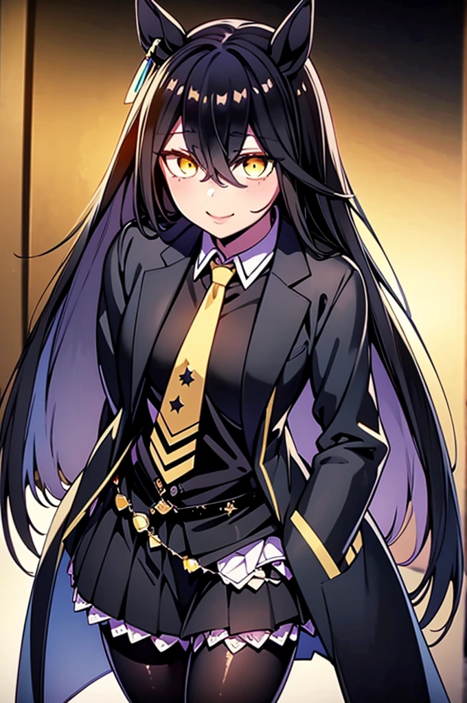 masterpiece, Highest quality:1.2), Manhattan Cafe(umamusume), One Woman, Mature Woman, alone,Glowing Skin、Yellow Eyes、Eyes without highlights、Thick legs、Are standing、Cowboy Shot、smile、Black Skirt,Black Business Shirt、Yellow tie,Black jacket,pantyhose