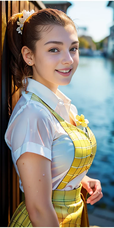 Photo of a 15 year-old European girl, .RAW, very beautiful woman, (Light brown hair ponytail) Ponytail hairstyle, freckles on cheeks , braces on teeth , Nice smile , big smile , ((portrait)), ((detailed face:1.2)), ((detailed facial features)), (finely detailed skin), Pale skin,white short sleeve shirt with pink flower 、Yellow skirt with plaid pictures , flower buckle 、a sexy one(cold color), wet, wet, Reflectors, (Tabletop) (perfect proportions)(Realistic photos)(The best quality) (detailed) photographed with a Canon EOS R5, 50mm lens, f/2.8, NffSW, (8k) (wallpaper) (cinematic lighting) (Dramatic lighting) (Sharp focus) (Convoluted) fashion, scenery , holding puppet ,  teenager , sexy