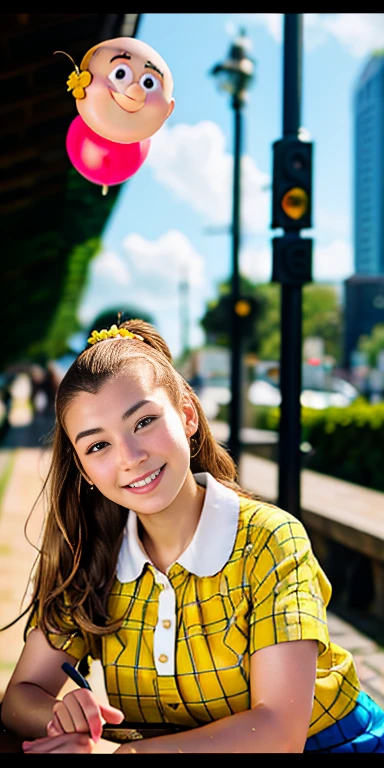 Photo of a 15 year-old European girl, .RAW, very beautiful woman, (Light brown hair ponytail) Ponytail hairstyle, freckles on cheeks , braces on teeth , Nice smile , big smile , ((portrait)), ((detailed face:1.2)), ((detailed facial features)), (finely detailed skin), Pale skin,white short sleeve shirt with pink flower 、Yellow skirt with plaid pictures , flower buckle 、a sexy one(cold color), wet, wet, Reflectors, (Tabletop) (perfect proportions)(Realistic photos)(The best quality) (detailed) photographed with a Canon EOS R5, 50mm lens, f/2.8, NffSW, (8k) (wallpaper) (cinematic lighting) (Dramatic lighting) (Sharp focus) (Convoluted) fashion, scenery , holding puppet ,  teenager , sexy