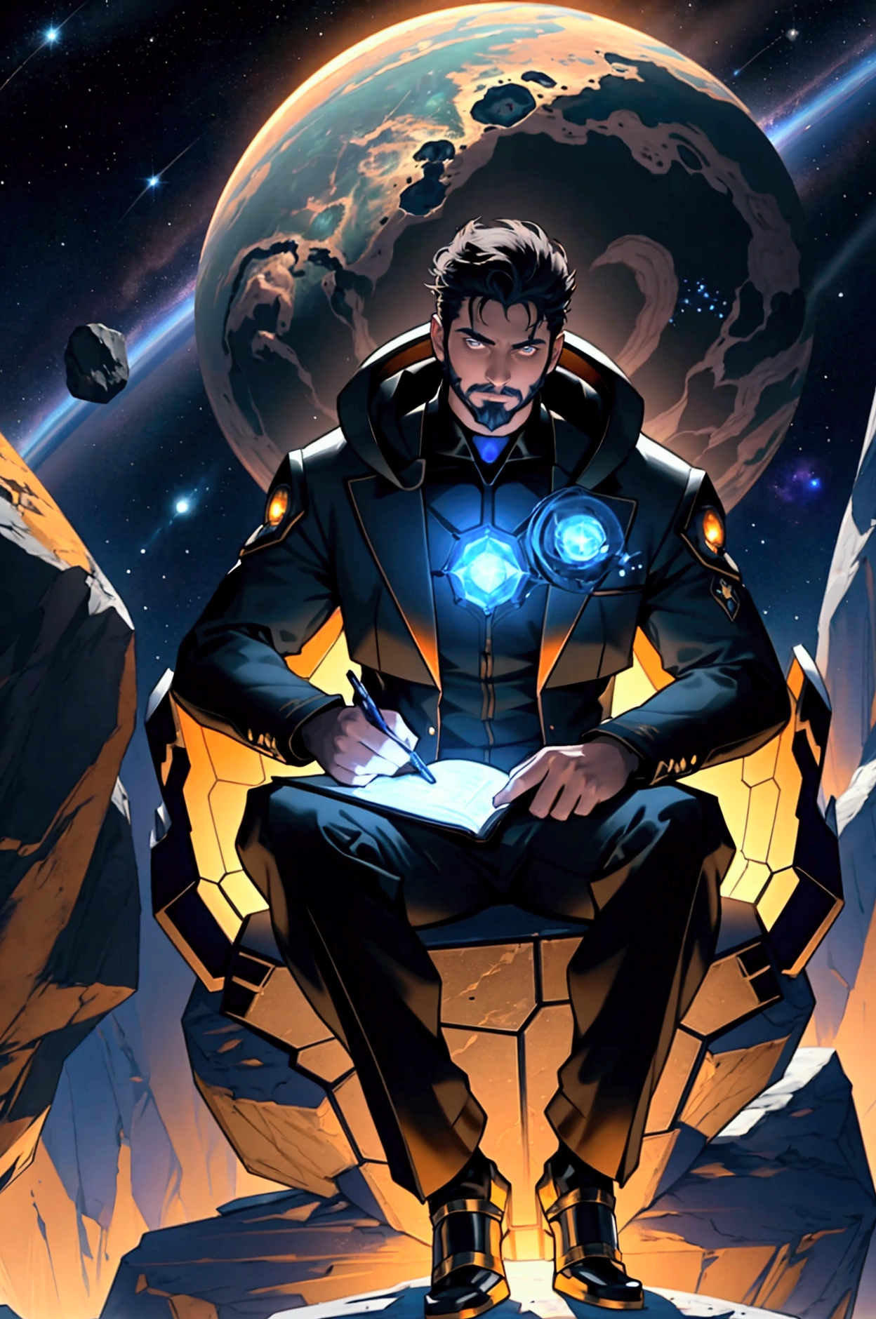 Draw a young programmer, sitting on a research platform floating in the middle of an asteroid belt. He is studying with a notebook, surrounded by several asteroids glowing with fiery auras. Dramatic lighting from distant stars and planets illuminates the scene, casting deep shadows on the suit. The young man looks confident and determined, looking at the vast and mysterious universe with wonder and respect,facial hair, cowboy shot,