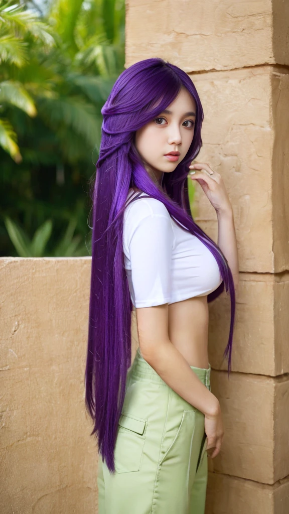 A Malaysian girl, dark brown eyes:1.4, thin nose:1.4, thin lips:1.3,  slanted eyes:1.6, double eyelids:1.2,(multi layered dark purple hair:1.3), fundamental breast, rectangle body:1.4, cowboy shots, random pose, outdoor, halfbody shots,wear white t shirt, and wear green buggy army pattern long pants, her hair cover her breast