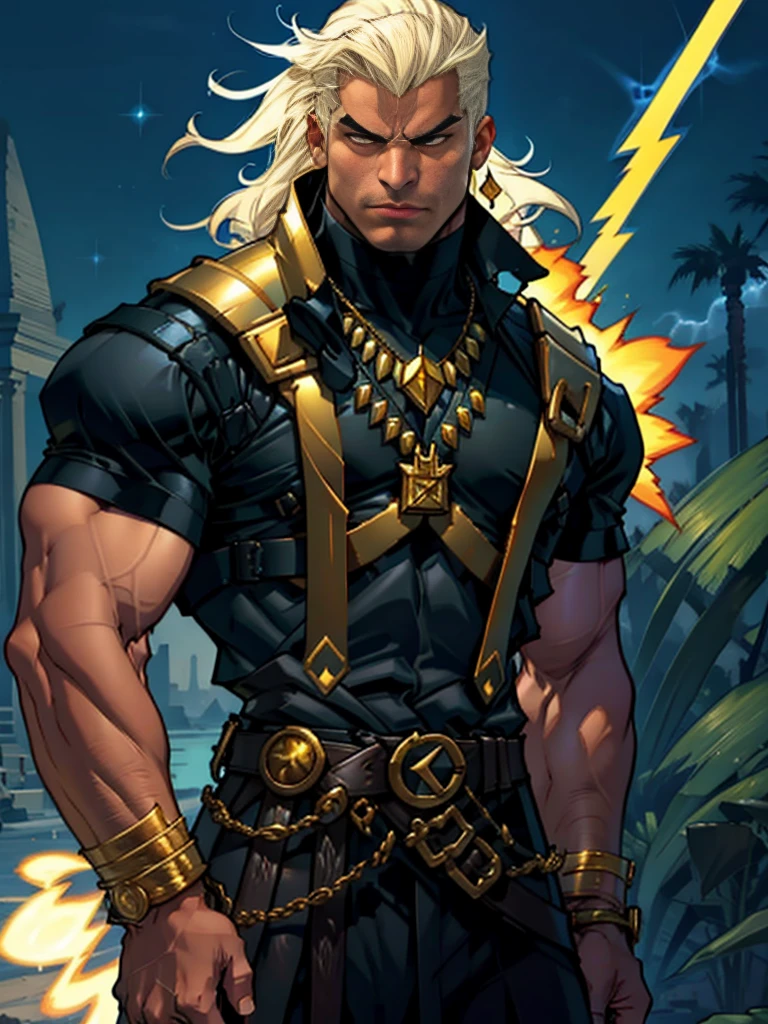 Egyptian man with Egyptian adornments with necklace and golden shoulder pad with lightning on the chest 