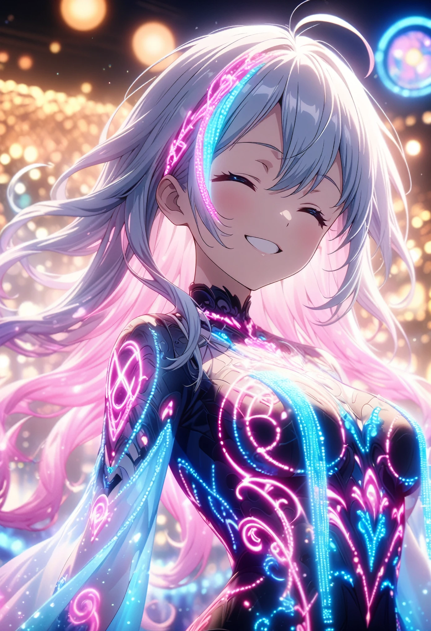 Masterpiece, highest quality, highly detailed CG Unity 8k wallpaper, anime screenshots, female anime character with neon chain pattern. Art of female anime character with glowing neon spiral pattern. This scene with flowing hair has a nice soft focus effect, highlighting the magical glow of the tattoo. She is smiling with her eyes closed and her mouth open. Bokeh photography, (soft focus): 1.2, out of focus highlights, dreamy atmosphere, glowing circles, mesmerizing depth, depth of field, neon musical notation in the background