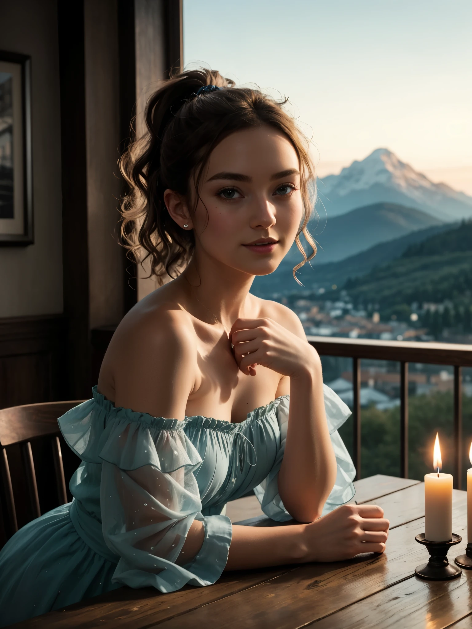 girl in romantic cafe, BREAK, 1girl, sitting, leaning forward, hand on chest, off-shoulder strapless dress, ruffles-trim, see-through wide sleeve, detailed face, looking at viewer, blush, ponytail, bangs, clavicles, shoulder, candle in glass, on table, twilight sky, mountains, city landscapes, sexy mini dress, depth details, detailed skin, curly blonde hair, masterpiece, best quality, back lighting, fashionable and chic vibes,