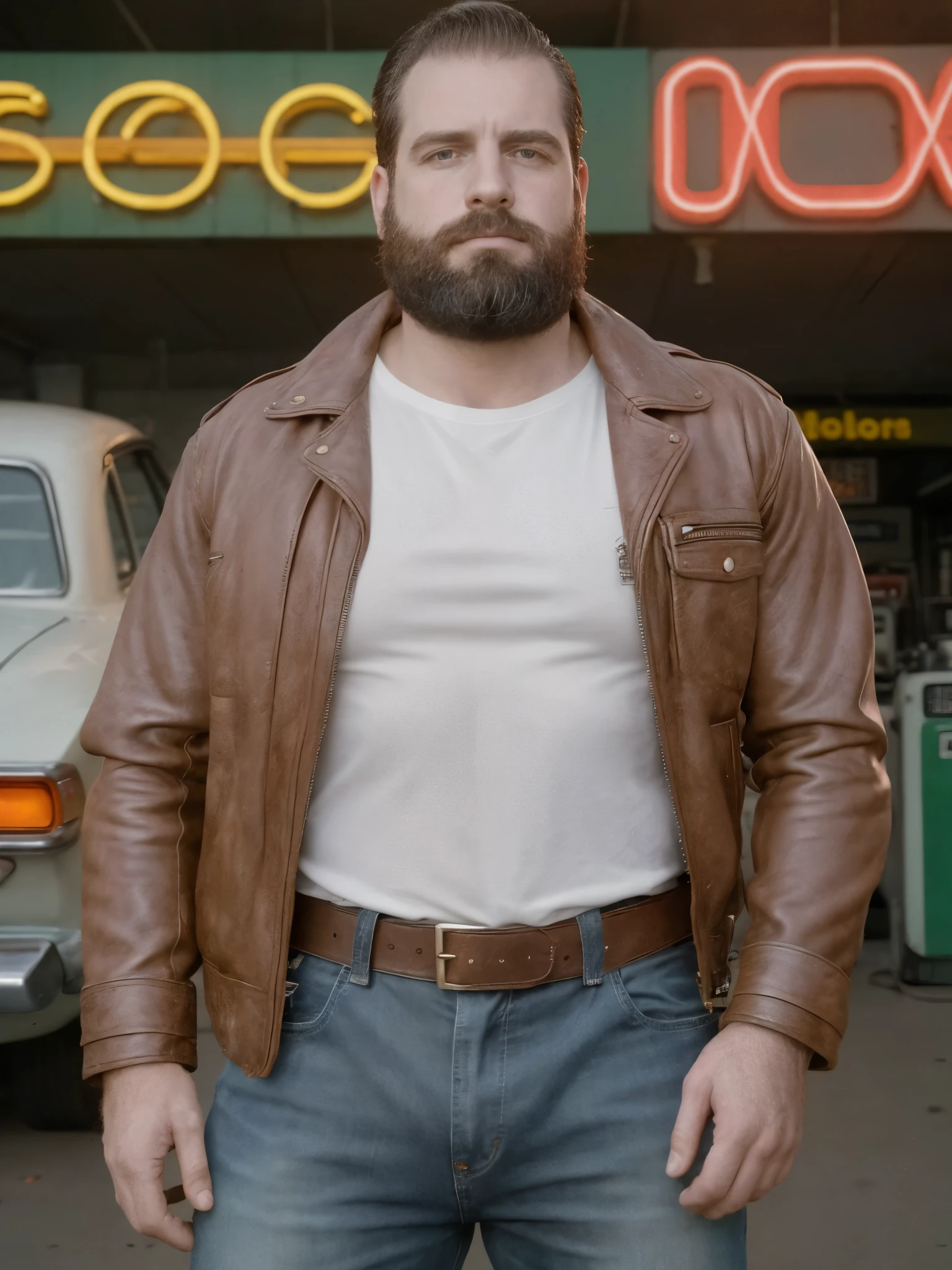 The white man, muscular, 3, with his perfectly trimmed beard, is located in 1979, sporting a fitted white cotton t-shirt under a distressed brown leather jacket, which gives it a rebellious but relaxed air. The setting is a gas station on a desert highway, with an old sports car parked nearby and vintage gasoline signs illuminated by neon lights. the camera, at a high angle, Focus on his serious face and also capture the top of his straight-cut jeans and a thick leather belt. The dim lighting of dusk casts long shadows, highlighting its musculature and providing a nostalgic and adventurous tone, characteristic of the 1979 style.