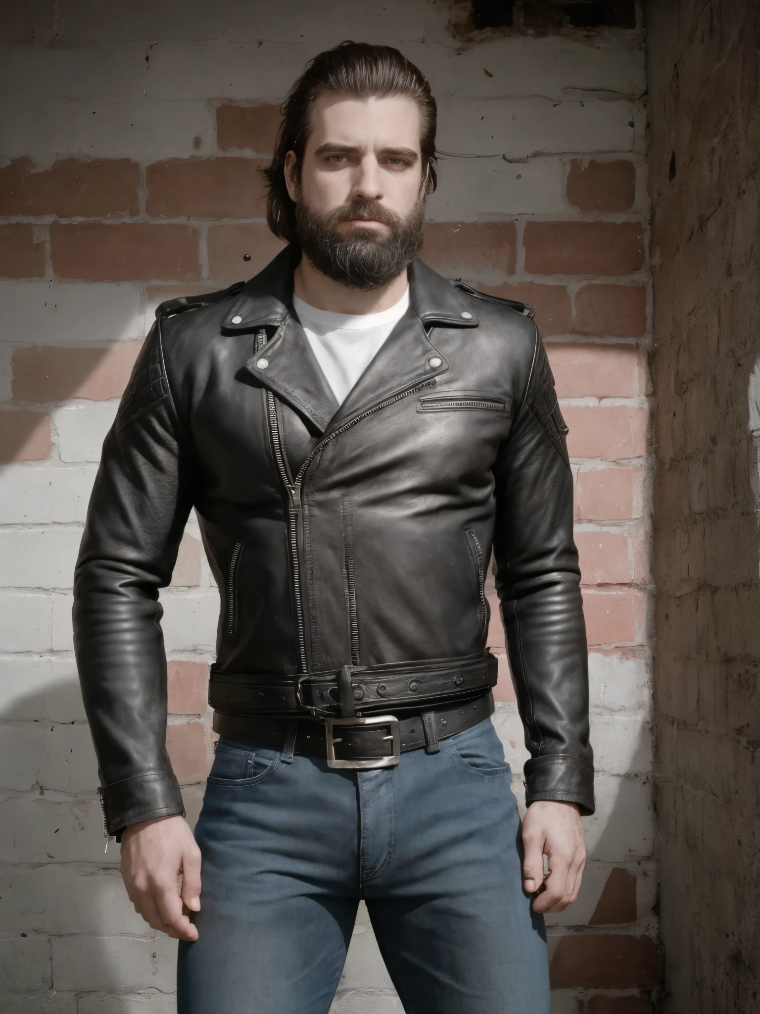 The white man, muscular, 3, with his perfectly trimmed beard, It is located in 1981, wearing a tight white t-shirt that highlights his worked chest and torso. He wears a black leather jacket with wide lapels., typical of the punk rock style of the early 80s. The environment is an urban street, with concert posters stuck on the brick walls and a motorbike parked nearby, reflecting the rebellion of the time. the camera, at a high angle, focuses on his serious face and also captures the top of his dark straight-cut jeans, fastened with a thick leather belt. The street lights create a stark contrast, casting dramatic shadows that highlight his musculature and the bold, rebellious style of 1981.