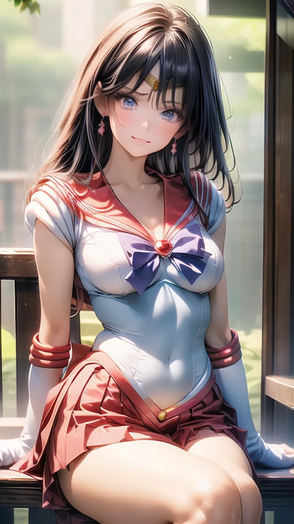 (Woman close up)、((Depict the whole body))、10 generations of women、Pink Lip Gloss、smile、blush、(Open the lipstick a little、High resolution、16K))、In the forest、Perfect cosplay of sailorMars、Depict the whole body、One girl, solo, High resolution, Anatomically correct, Highest quality, 