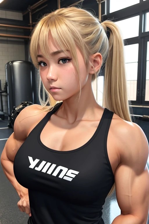 Yankee Girl、strong、Muscular、high 、Bicep、Aggressive、arrogant、strong、Anime Style、One girl, solo, High resolution, Gaze, Black Tank Top、Muscular、strong、Munmun、Sweatばむ、After training、Sweat、Horny、Furrow one&#39;s brow、anger、Cartoon Style、Cross your arms、Big Breasts、Twin tails, Shiny Hair, Blonde、Mean、bad、queen bee、