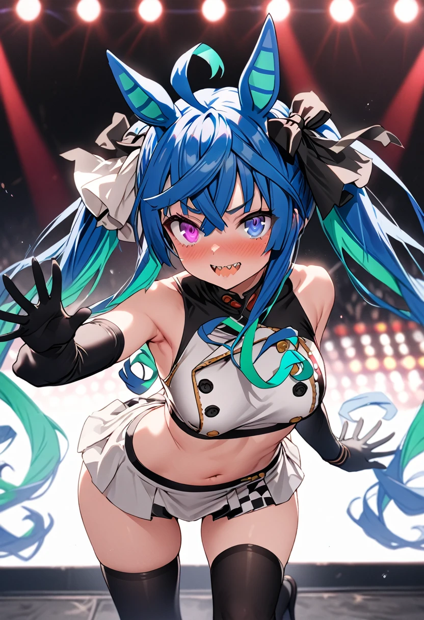 masterpiece,Highest quality,High resolution,Super detailed, solo, 1girl, live stage, ((cute)), Twin Turbo, Umamusume, aqua hair, twintails, heterochromia, purple eyes, blue eyes, sharp teeth, kantai collection, shimakaze costume outfit, (crop top, microskirt, thighhighs,elbow glovestongue, g-string), Gal, Baby girl body shape, Embarrassed, seductive model posing, perfect anatomy, noise removal