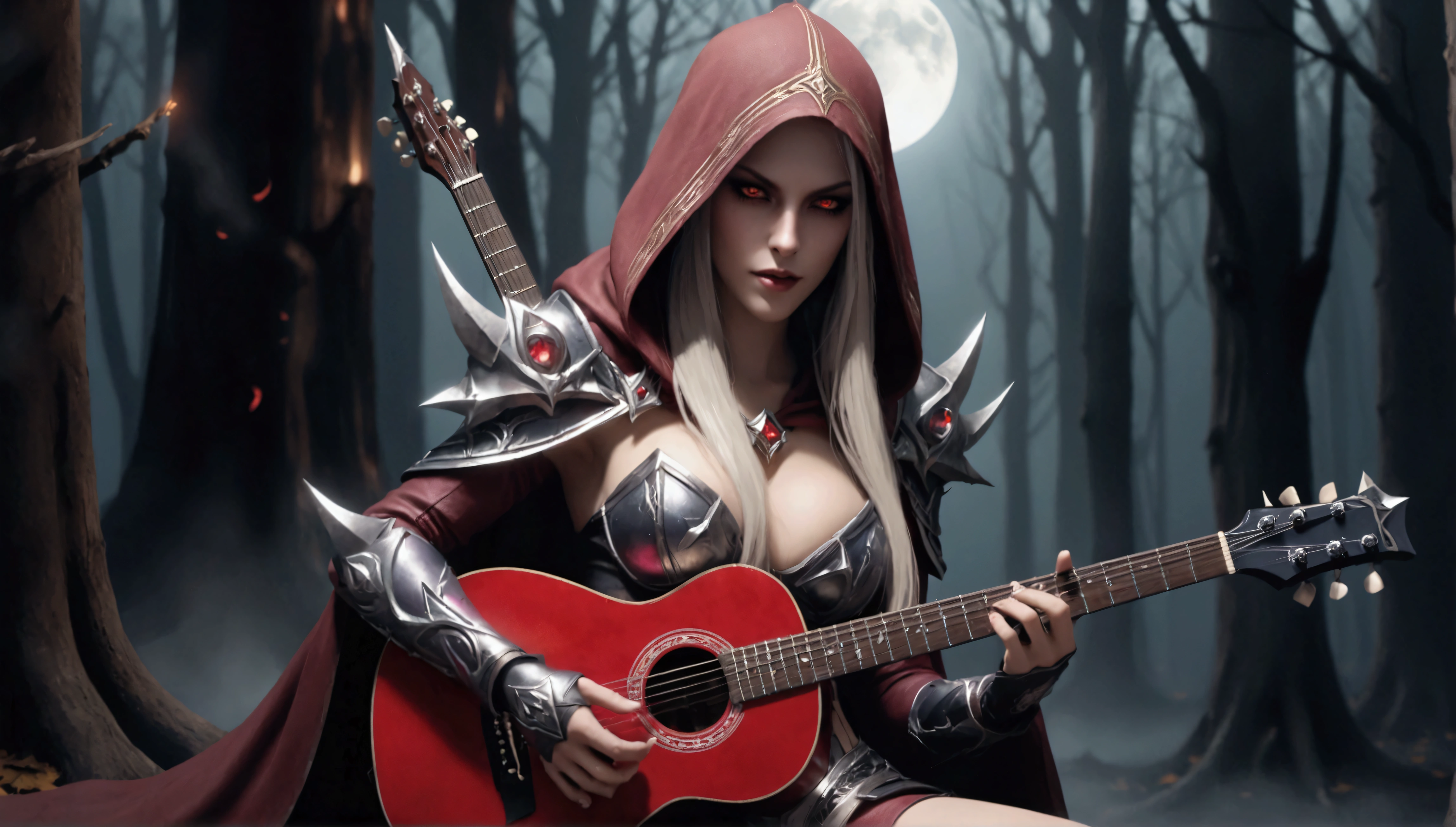 sylvanas windrunner, the legendary leader of the Renegades, sits on a dark wooden throne, surrounded by an aura of mystery and magic. in her hands, ela segura umthe guitar vermelha vibrante, its strings seemingly pulsing with supernatural energy. Os olhos dela, burning with supernatural intensity, look directly at the viewer, as if challenging them to come closer. Their long, white hair falls over the shoulders, framing her pale, ethereal face. Her lips, painted deep red, curves into an enigmatic smile, as if she kept secrets that only she knew. the guitar, that seems to have been created by magical hands, emits an intense red light that illuminates the environment around it. The strings vibrate with an energy that seems almost palpable, as if they were alive and responding to Sylvanas&#39; touch. No fundo, a dark and mysterious mist spreads, as if the night itself was closing in around Sylvanas. The atmosphere is charged with tension and anticipation, like something is about to happen. The image is a mixture of shadows and light, of mystery and magic, capturing the essence of sylvanas windrunner as an enigmatic and powerful creature. a woman in red with a guitar in a forest, HD epic fantasy art style, 4k fantasy artwork, beautiful sorceress, sylvanas windrunner, Detailed Artgerm, background art, a beautiful sorceress, evil sorceress, detailed cover art, dark sorceress, black elf princess, 1girl, bare tree, breasts, cape, cleavage, Electric guitar, forest, full moon, glowing eyes, guitar, holding instrument, hood, instrument, long hair, moon, moonlight, nature, night, night sky, playing instrument, red eyes, 独奏, tree 