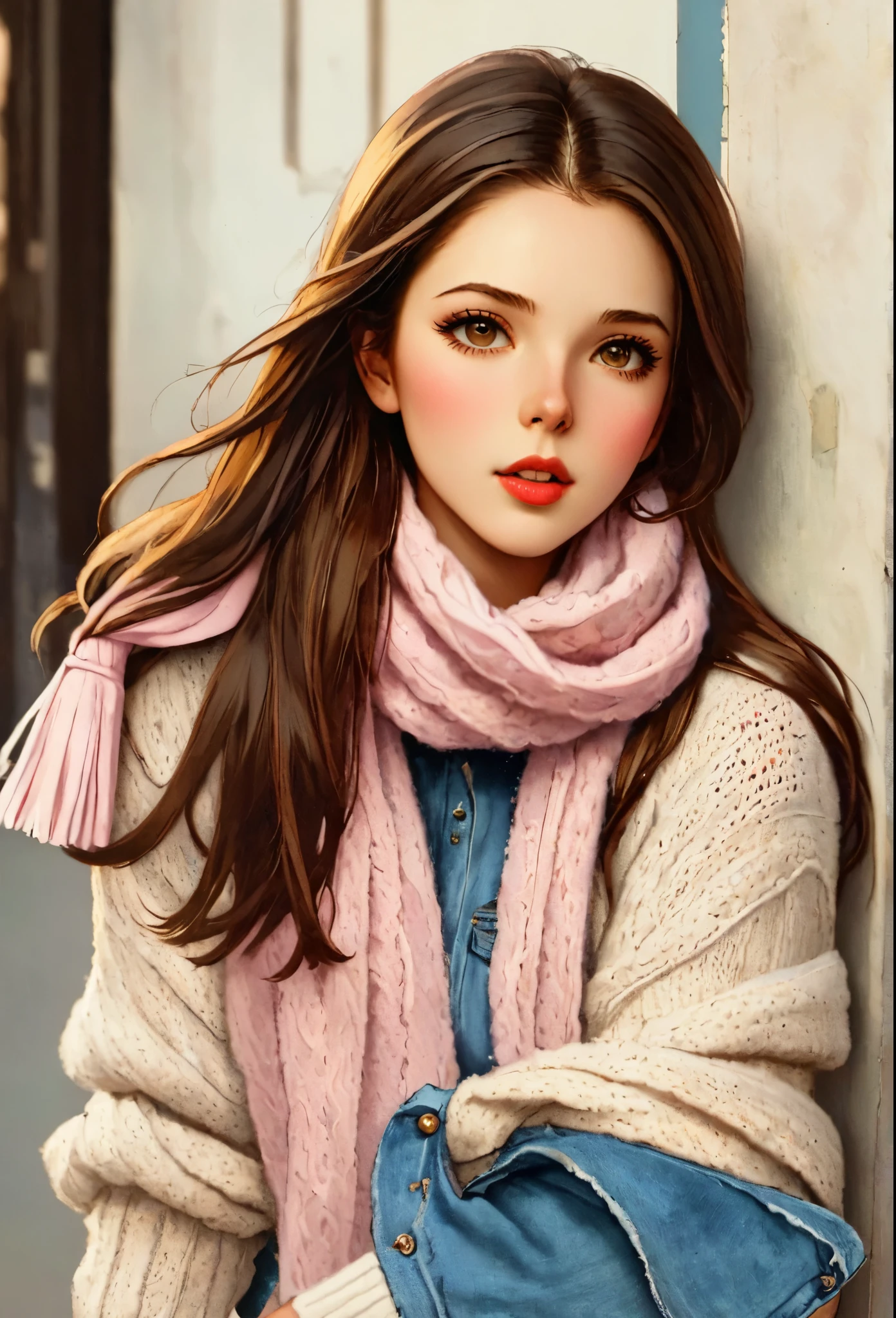 Girl, long straight brown hair, brown eyes, sharp features, white skin, pink lips, soft natural makeup, perfect appearance, sweater, jeans jacket, dark brown scarf.