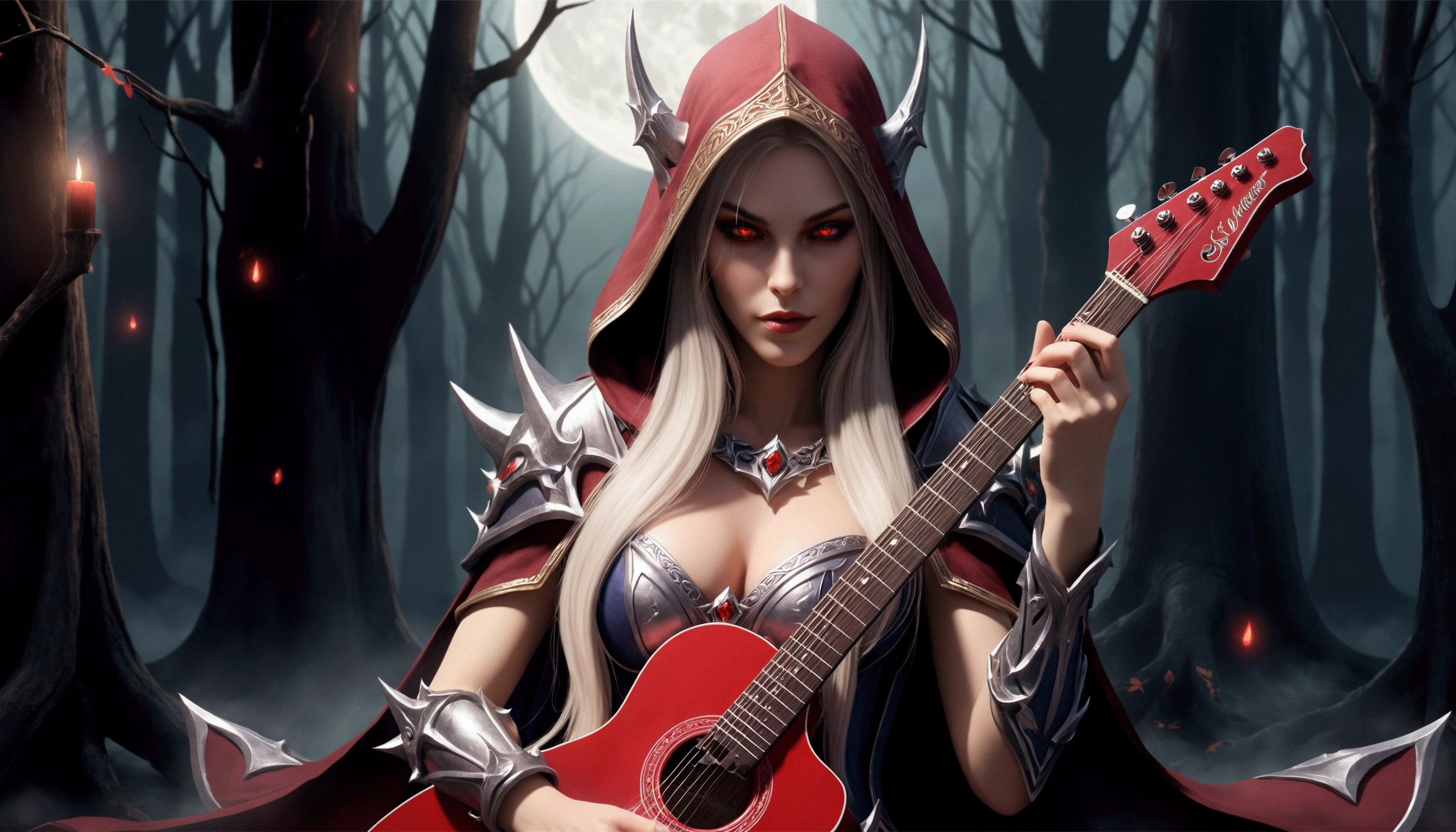 sylvanas windrunner, the legendary leader of the Renegades, sits on a dark wooden throne, surrounded by an aura of mystery and magic. in her hands, ela segura umthe guitar vermelha vibrante, its strings seemingly pulsing with supernatural energy. Os olhos dela, burning with supernatural intensity, look directly at the viewer, as if challenging them to come closer. Their long, white hair falls over the shoulders, framing her pale, ethereal face. Her lips, painted deep red, curves into an enigmatic smile, as if she kept secrets that only she knew. the guitar, that seems to have been created by magical hands, emits an intense red light that illuminates the environment around it. The strings vibrate with an energy that seems almost palpable, as if they were alive and responding to Sylvanas&#39; touch. No fundo, a dark and mysterious mist spreads, as if the night itself was closing in around Sylvanas. The atmosphere is charged with tension and anticipation, like something is about to happen. The image is a mixture of shadows and light, of mystery and magic, capturing the essence of sylvanas windrunner as an enigmatic and powerful creature. a woman in red with a guitar in a forest, HD epic fantasy art style, 4k fantasy artwork, beautiful sorceress, sylvanas windrunner, Detailed Artgerm, background art, a beautiful sorceress, evil sorceress, detailed cover art, dark sorceress, black elf princess, 1girl, bare tree, breasts, cape, cleavage, Electric guitar, forest, full moon, glowing eyes, guitar, holding instrument, hood, instrument, long hair, moon, moonlight, nature, night, night sky, playing instrument, red eyes, 独奏, tree 