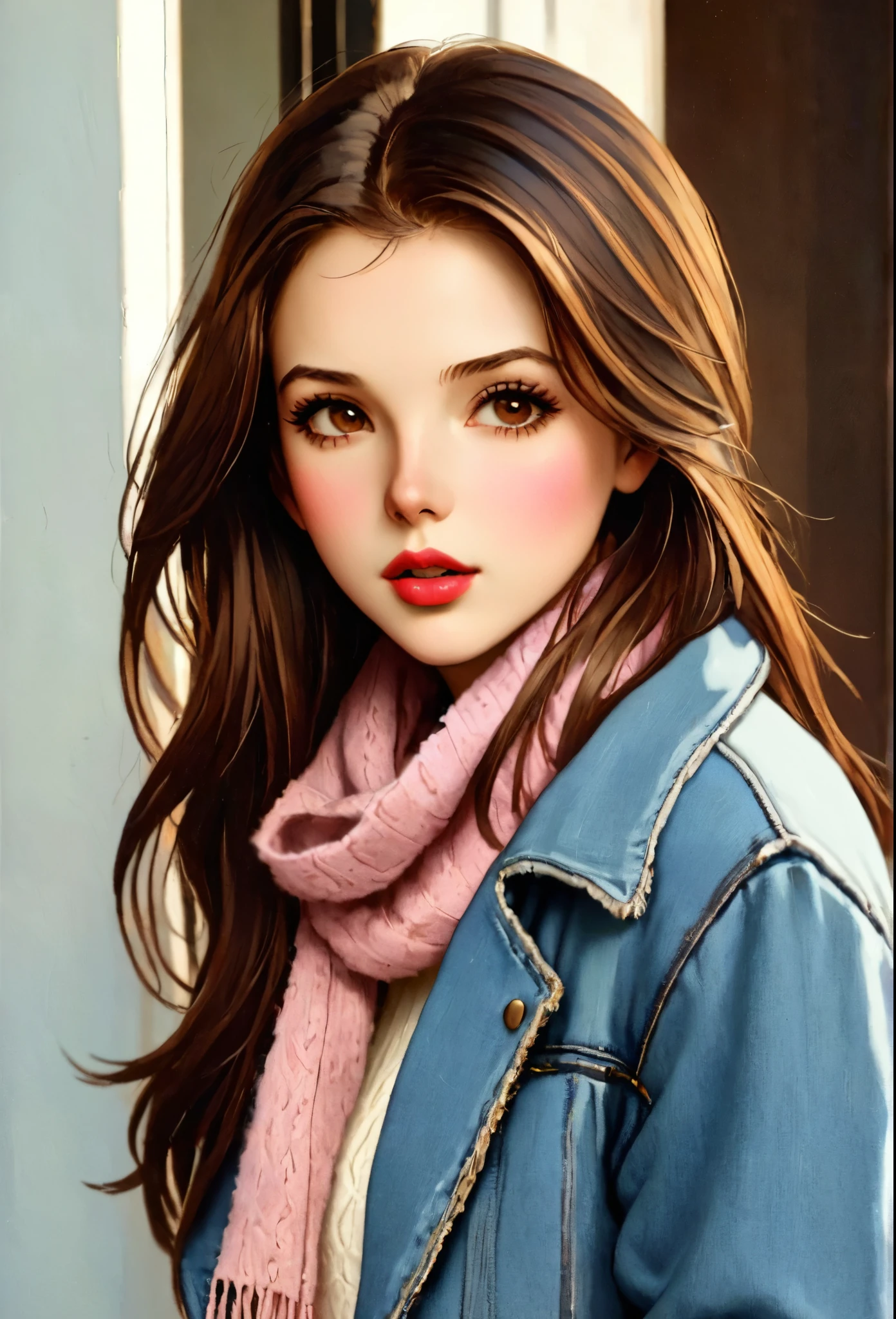 Girl, long straight brown hair, brown eyes, sharp features, white skin, pink lips, soft natural makeup, perfect appearance, sweater, jeans jacket, dark brown scarf.