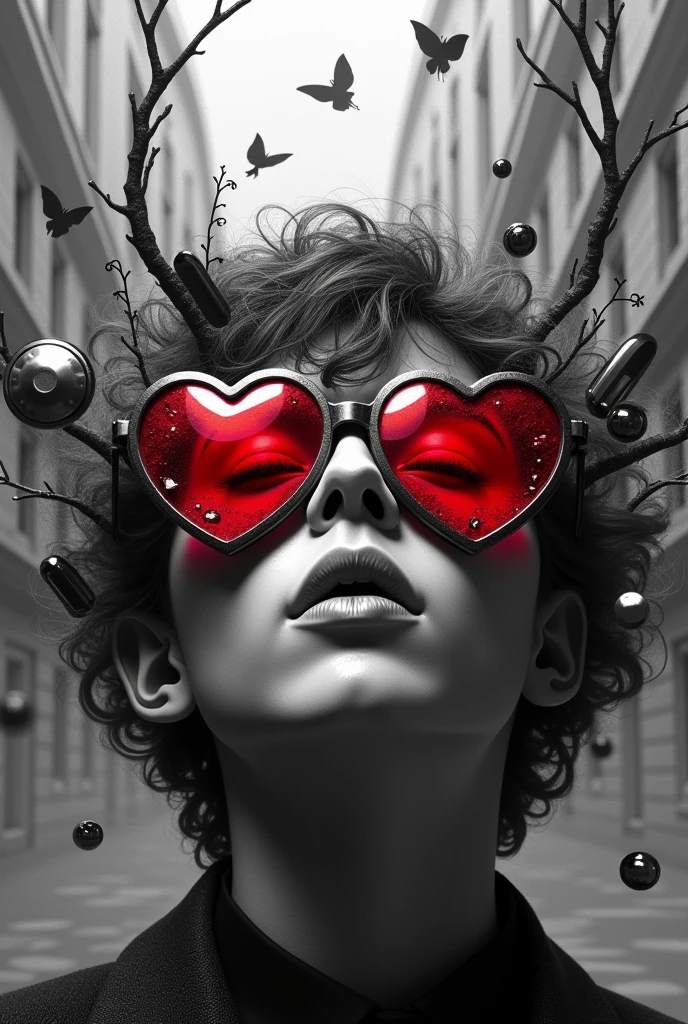 The world the way a person with ADHD sees it with only shades of black ehite and gray colors with metallic theme snd embedded in a lens of some red heart shaped sun glasses 