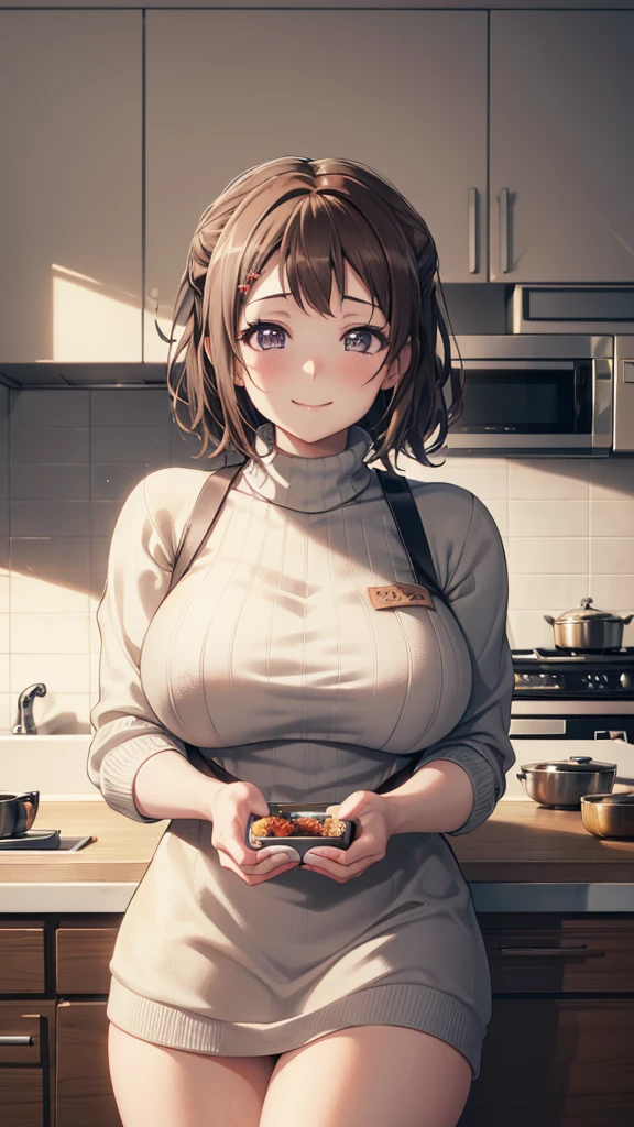 Kasumi Toyama, Married Woman, 3, Short Hair, wedding ring, (absurderes, 8k, 4K, masutepiece, hyper extreme detailed:1.2), Best Quality, Perfect Anatomy,Perfect face, Big Breasts, apron, (Turtleneck sweater:1.2), Dishes are lined up, kitchen, White Lily, Smiling gently, relief, peace, maternal