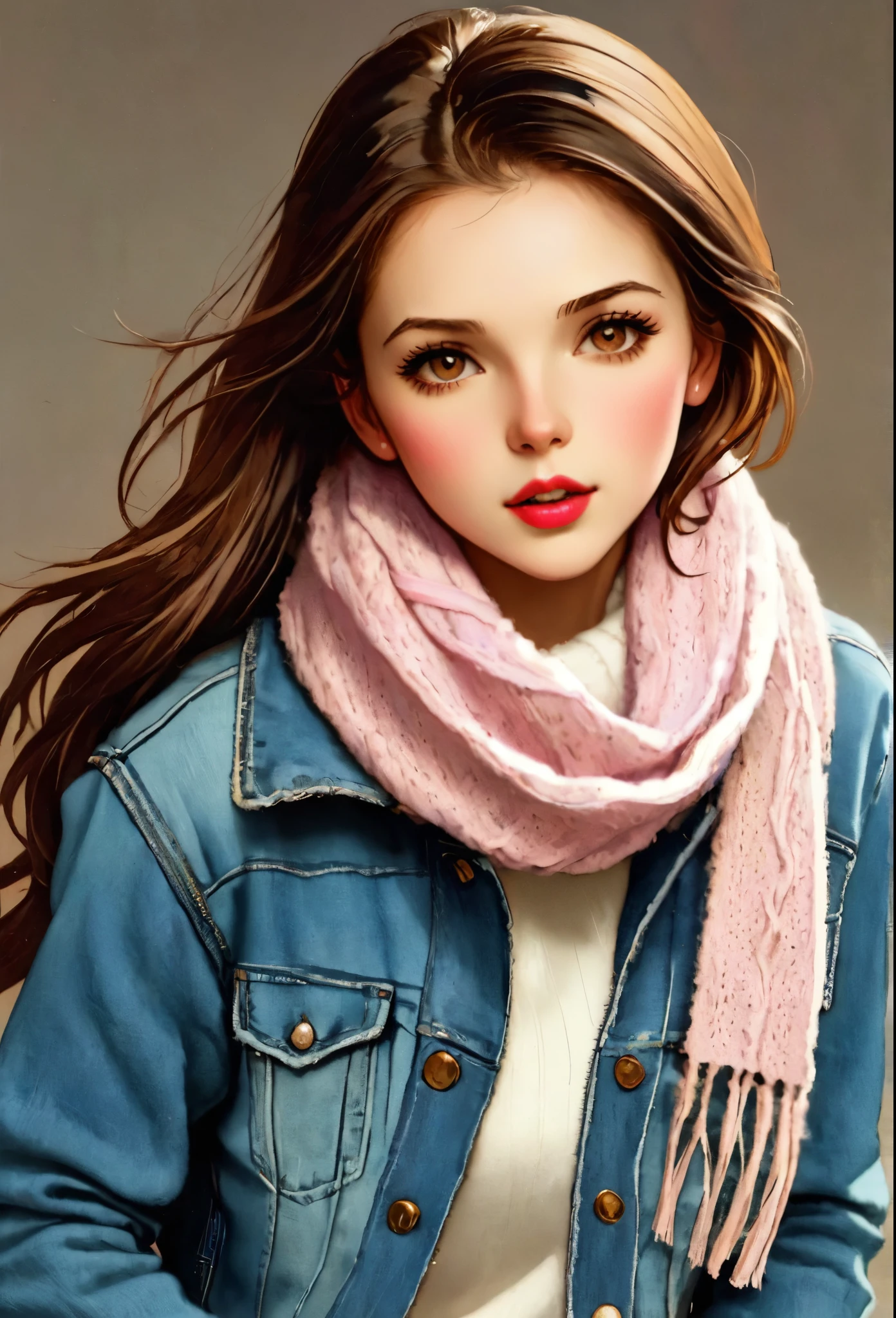 Girl, long straight brown hair, brown eyes, sharp features, white skin, pink lips, soft natural makeup, perfect appearance, sweater, jeans jacket, dark brown scarf.