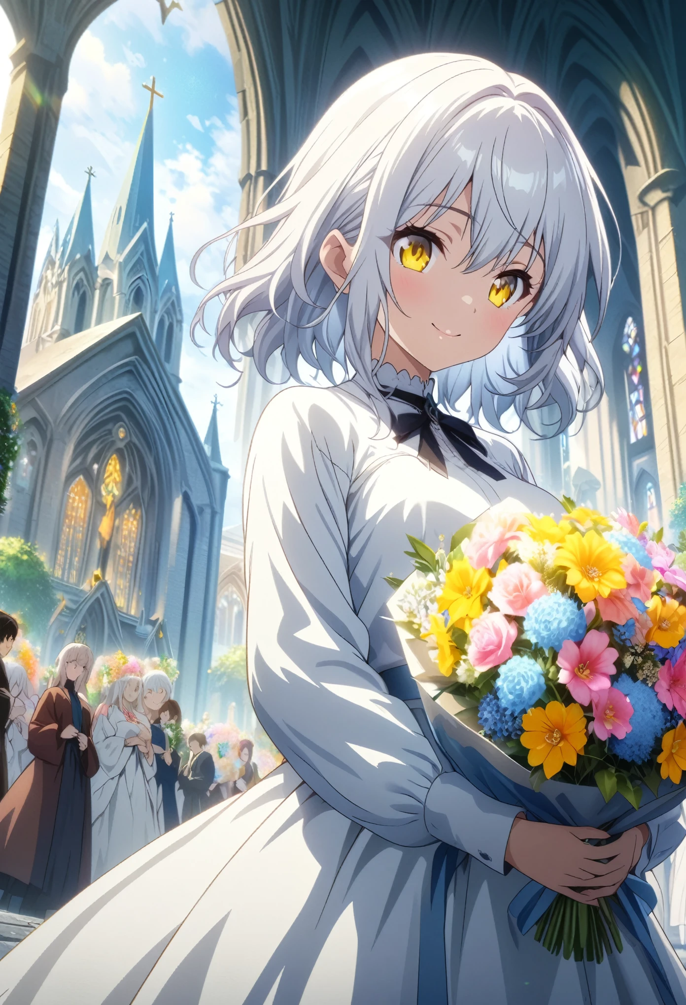 masterpiece, Highest quality, Highly detailed CG Unity 8K wallpapers, One Girl, Anime screenshots, Holding a bouquet of colorful neon flowers, The best smile, Church in the background, Depth of written boundary、White Hair、Yellow Eyes、