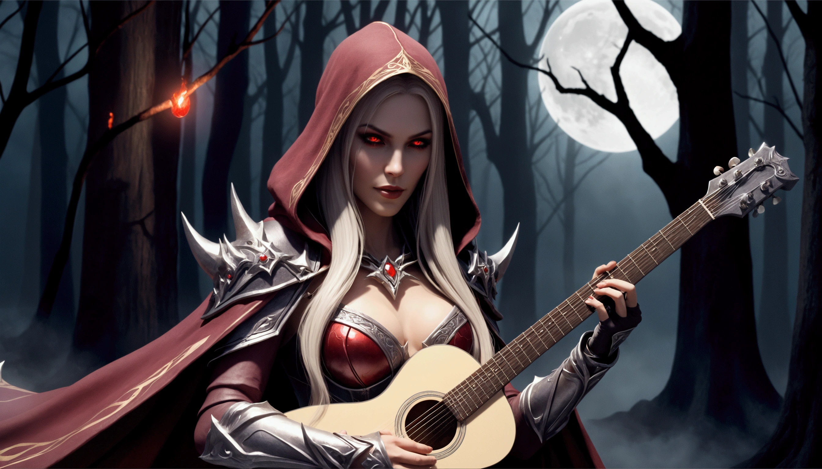 sylvanas windrunner, the legendary leader of the Renegades, sits on a dark wooden throne, surrounded by an aura of mystery and magic. in her hands, ela segura umthe guitar vermelha vibrante, its strings seemingly pulsing with supernatural energy. Os olhos dela, burning with supernatural intensity, look directly at the viewer, as if challenging them to come closer. Their long, white hair falls over the shoulders, framing her pale, ethereal face. Her lips, painted deep red, curves into an enigmatic smile, as if she kept secrets that only she knew. the guitar, that seems to have been created by magical hands, emits an intense red light that illuminates the environment around it. The strings vibrate with an energy that seems almost palpable, as if they were alive and responding to Sylvanas&#39; touch. No fundo, a dark and mysterious mist spreads, as if the night itself was closing in around Sylvanas. The atmosphere is charged with tension and anticipation, like something is about to happen. The image is a mixture of shadows and light, of mystery and magic, capturing the essence of sylvanas windrunner as an enigmatic and powerful creature. a woman in red with a guitar in a forest, HD epic fantasy art style, 4k fantasy artwork, beautiful sorceress, sylvanas windrunner, Detailed Artgerm, background art, a beautiful sorceress, evil sorceress, detailed cover art, dark sorceress, black elf princess, 1girl, bare tree, breasts, cape, cleavage, Electric guitar, forest, full moon, glowing eyes, guitar, holding instrument, hood, instrument, long hair, moon, moonlight, nature, night, night sky, playing instrument, red eyes, 独奏, tree 