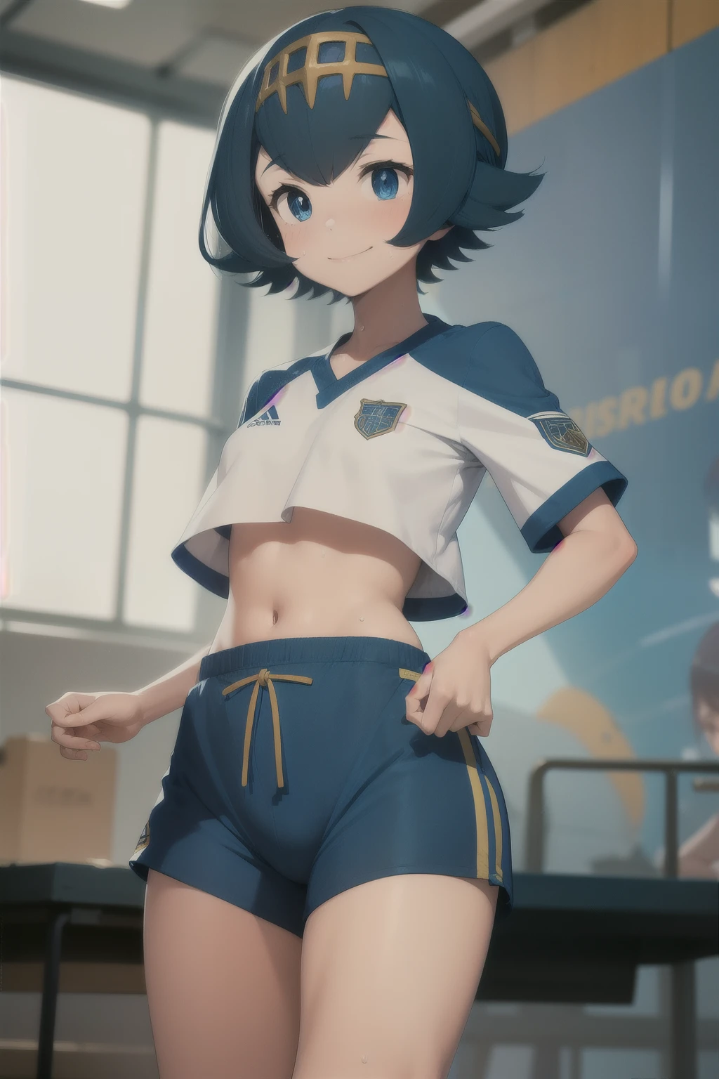 Anime style, 1 girl lana , young girl , childshi  body ,solo , short blue hair ,sweat , flat chest , yelow shirt underboobs ,  smug face smile , blush, bpue dolphin shorts , futebol  uniform , futebol stadium .