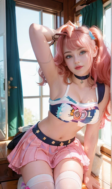 egirl as harlequin, nude long pink and blue hair with a choker in the background, synth wave color palette, trend in artstation, trend on CGSociety, Intricate, High detail, sharp focus, dramatic, full body shot on a ship on the moon looking out the window, trend on tiktok