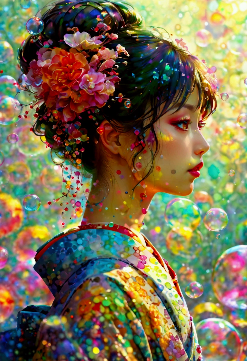 A beautiful modern oiran with a gentle expression, surrounded by many colorful soap bubbles in a mystical atmosphere. She is facing forward with her gaze directly ahead. The image is created in a watercolor style with soft brushstrokes and transparent, overlapping colors. The delicate blending of hues creates a beautiful diffusion effect, with the boundaries between the woman, the bubbles, and the background blurred, giving the scene a dreamlike, ethereal quality.