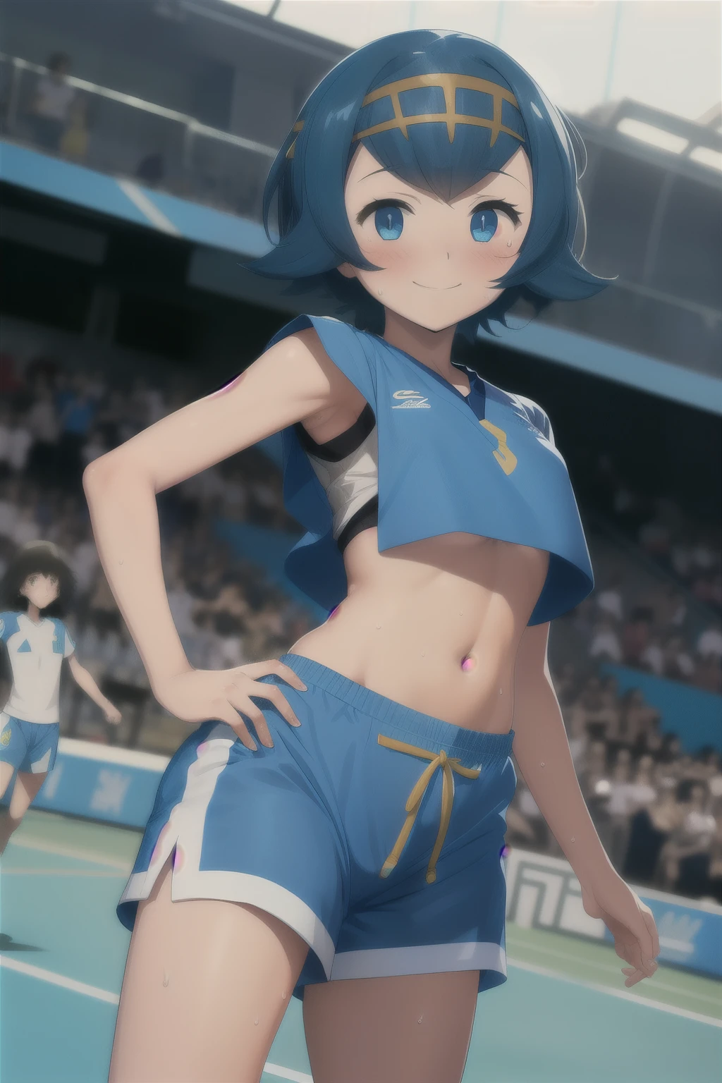 Anime style, 1 girl lana , young girl , childshi  body ,solo , short blue hair ,sweat , flat chest , yelow shirt underboobs , flat  chest ,  smug face smile , blush, bpue dolphin shorts , futebol  uniform , futebol stadium .