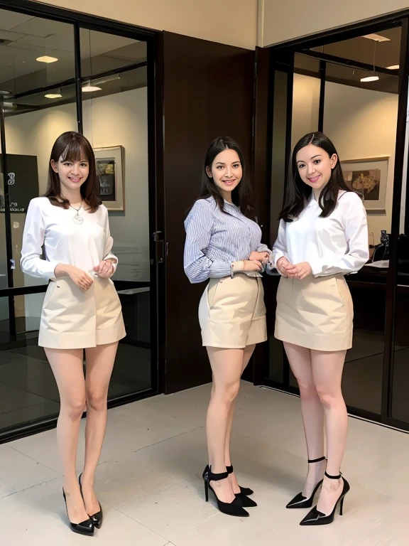 (Highest quality, masterpiece, Realistic, Very detailed, Ultra-high resolution, to be born:1.3), (Three Girls:1.3), beautiful, Japanese, mature, 2, office workers, (Close Bonds, Short skirt),(stockings),(smile), (bangs), high waist, necklace, (office, indoor, Glass Room), (Long legs, High heels, whole body:1.2),  (crowd)