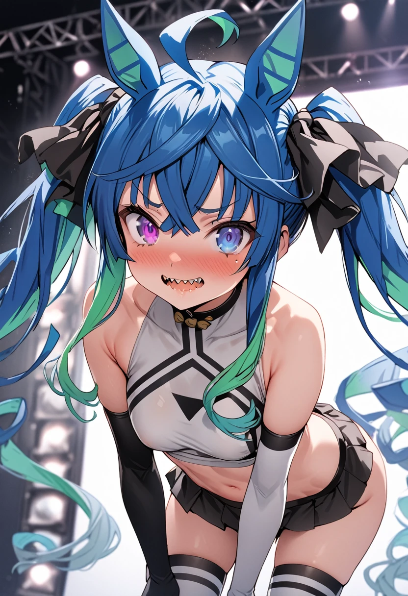 masterpiece,Highest quality,High resolution,Super detailed, solo, 1girl, live stage, ((cute)), Twin Turbo, Umamusume, aqua hair, twintails, heterochromia, purple eyes, blue eyes, sharp teeth, kantai collection, shimakaze costume outfit, (crop top, microskirt, thighhighs,elbow glovestongue, g-string), Gal, Baby girl body shape, Embarrassed, seductive model posing, perfect anatomy, noise removal