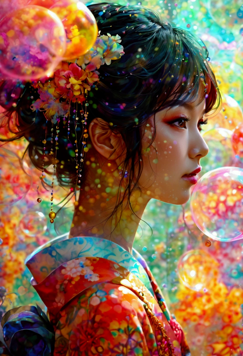 A beautiful modern oiran with a gentle expression, surrounded by large, colorful soap bubbles and swirling smoke, creating a mystical atmosphere. She is facing forward with her gaze directly ahead. The image is created in a watercolor style with soft brushstrokes and transparent, overlapping colors. The delicate blending of hues gives a dreamlike effect, with the boundaries between the woman, the bubbles, the smoke, and the background blurred, adding to the ethereal feeling.((face the front))