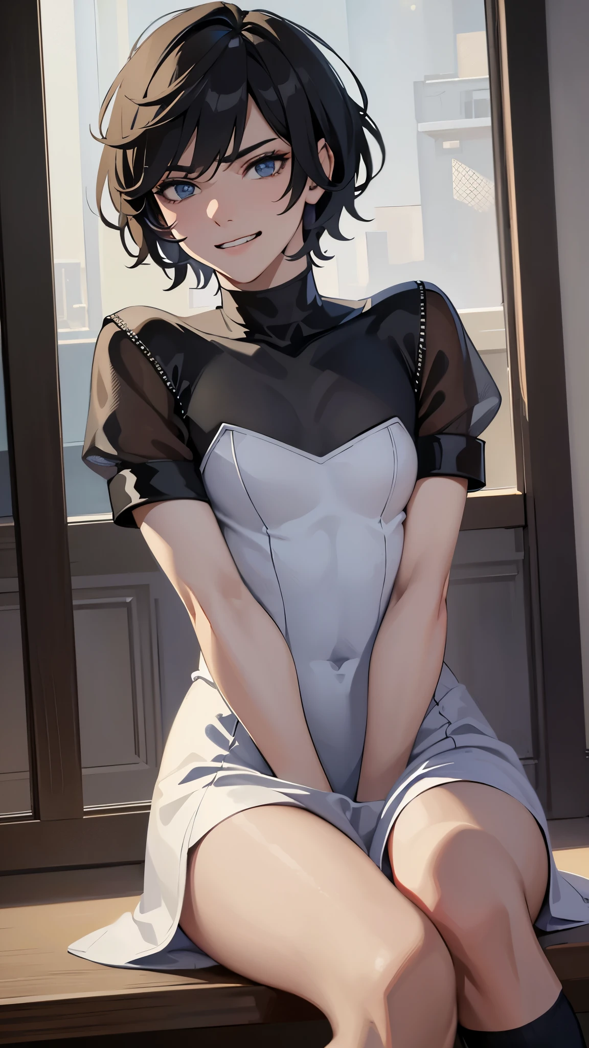 1girl, solo, white polo shirt, white sneakers, tennis wear, white miniskirt, short hair, dynamic lighting, (shiny skin, sweaty:1.5), masterpiece, best quality, realistic, hyper-detailed, absurd, looking at viewer, black hair, brack eyes, hairpin, slender, high resolution, sharp focus, depth of field, detailed eyes, sharp pupils, realistic pupils, (small breasts:1.5), (thick thighs:1.0), outdoor, blue sky, summer