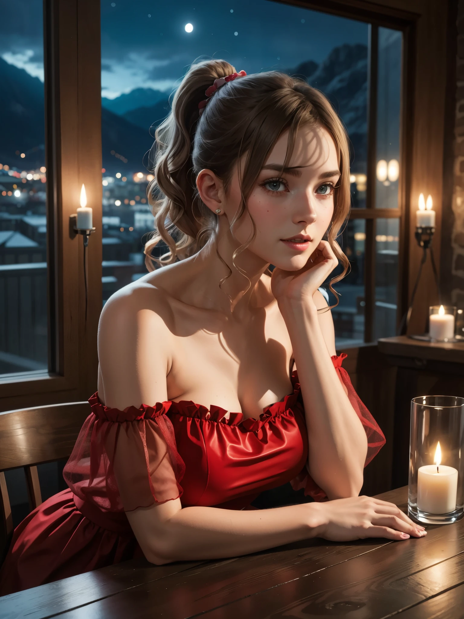 girl in romantic cafe, BREAK, 1girl, sitting, leaning forward, hand on chest, red off-shoulder strapless dress, ruffles-trim, gigantic breasts, see-through wide sleeve, detailed face, looking at viewer, blush, ponytail, bangs, clavicles, shoulder, candle in glass, on table, night twilight sky, mountains, city landscapes, sexy mini dress, depth details, detailed skin, curly blonde hair, masterpiece, best quality, back lighting, fashionable and chic vibes,