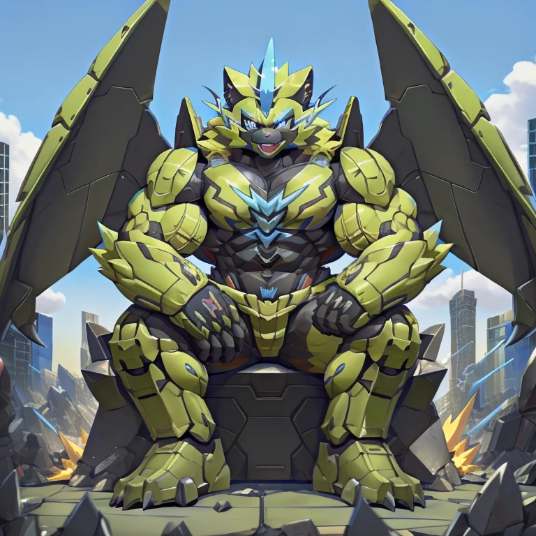 (zeraora, 8K), (zeraora's giant robot, Powered exoskeleton with the same design as zeraora), (Masterpiece, highres) (Detailed head, Detailed Body, Detailed abs, full body) (gigantic muscles, Gigachad Muscular, big muscle, pecs, triceps, traps, unusually developed muscular body, body full of huge muscles. showing off muscles, pectorales enormes, Exaggeratedly huge muscles.) (nj5furry, The claws are sharp, Sharp teeth, sharp claws), (long legs), (Spread wings, It has wings, have big wings, golden wings), (Wrestling, wrestler, the bodybuilding), (It has wings, whole body shines like metal, Wearing cyberpunk mecha, emphasizes the muscles, suit fully made of metal, intricate armor, Robotic suit, suit fully made of metal, cyborg), menacing pose, sitting on the throne, An arrogant expression. destroying city. BULK UP.