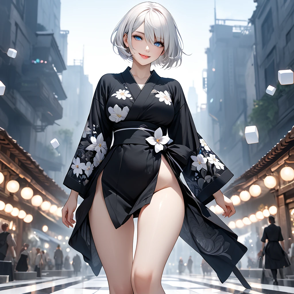 A woman wearing a black kimono, kimono with white flower designs, black skirt, exposed thigh, large breasts,, white hair, short hair, smiling, walking on a white marble platform, white cubes in the background, sky blue with blue neon, perfect face, perfect lips,blue eyes, perfect eyes,
, Nier_automata,Yo_Ha_No.2_Type_B,masterpiece, accurate, anatomically correct, textured skin, super detail, high quality, best quality, 8k, high resolution, bokeh effect.(solo woman), realistic, close view.
