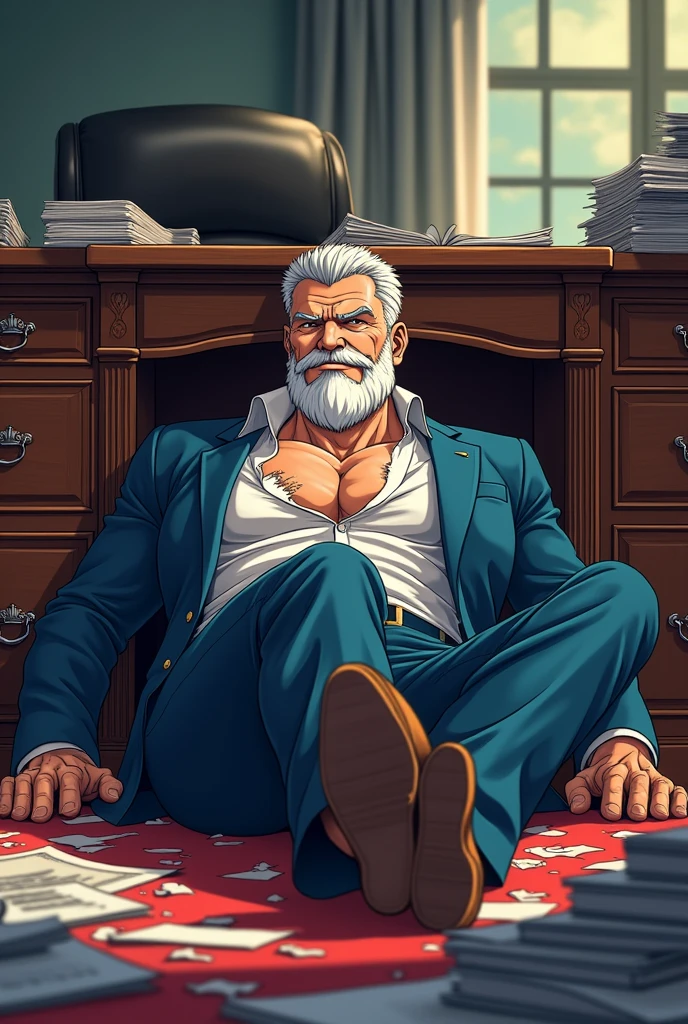 A middle-aged man,white beard,grizzle hair,daddy,big muscle,slightly fat,angry,dressed in a luxury white suit, in cage, (slave), sit on chair, chained, big chest, big penis,white cum, handsome, scar on face, wrink face, red eyes, 2 hands, tattoo on forehead, many chains, chained on neck