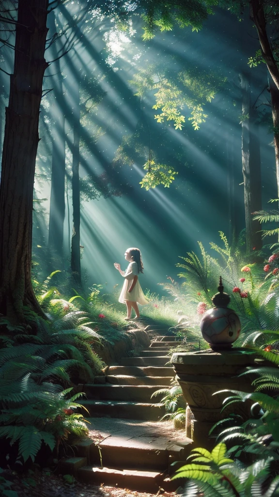 A young girl, wide-eyed with curiosity, steps into a magical forest filled with glowing orbs of light. The sunlight filters through the dense trees, casting a mysterious glow. She hears a faint, melodic sound and follows it