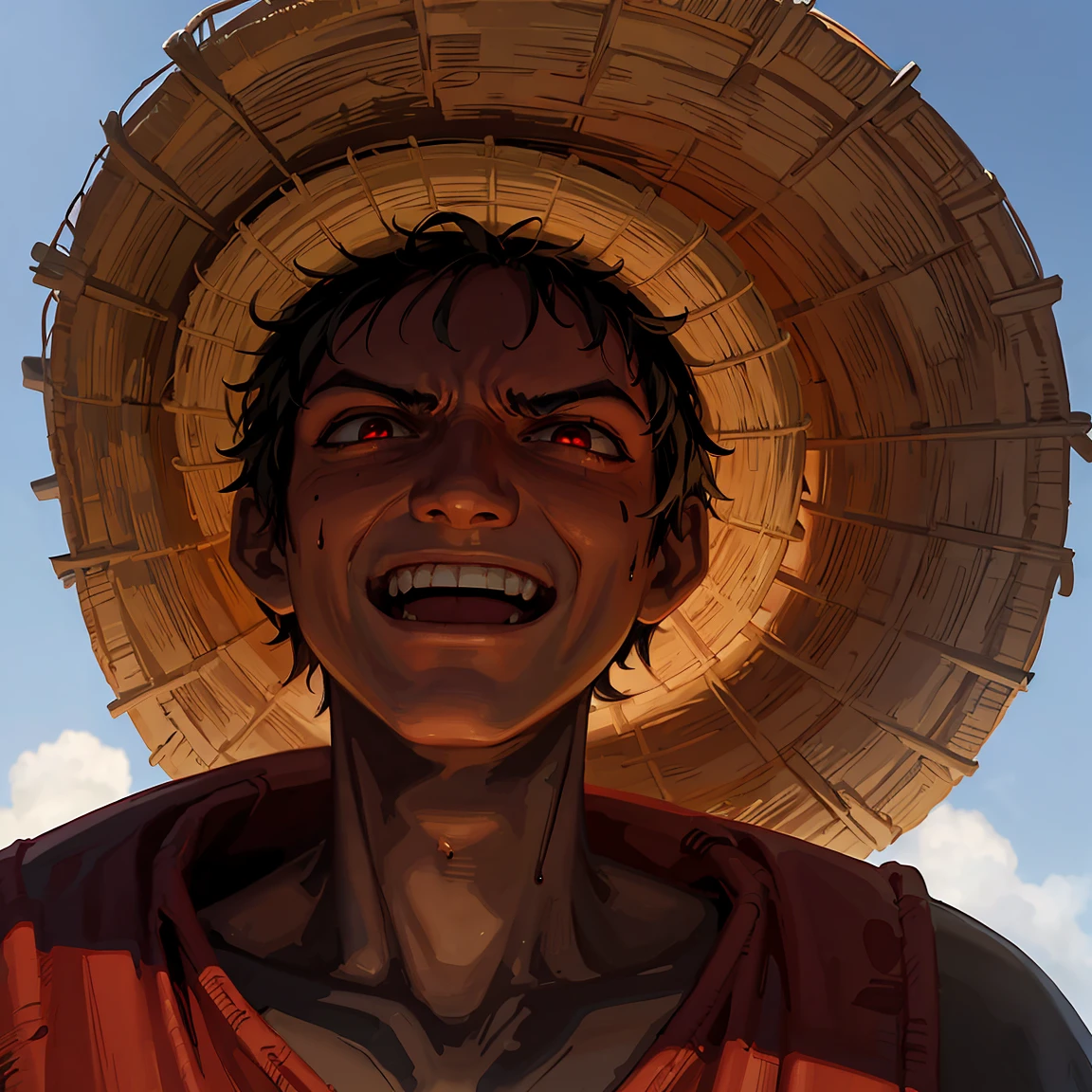 O Luffy , dark version ,horror style,Wearing the famous straw hat.