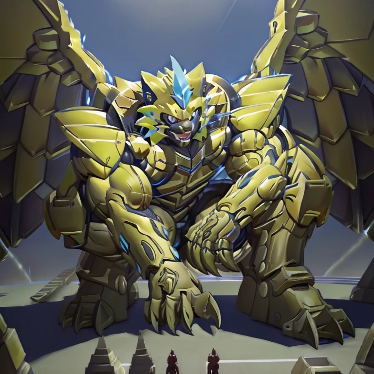 (zeraora, 8K), (zeraora's giant robot, Powered exoskeleton with the same design as zeraora), (Masterpiece, highres) (Detailed head, Detailed Body, Detailed abs, full body) (gigantic muscles, Gigachad Muscular, big muscle, pecs, triceps, traps, unusually developed muscular body, body full of huge muscles. showing off muscles, pectorales enormes, Exaggeratedly huge muscles.) (nj5furry, The claws are sharp, Sharp teeth, sharp claws), (long legs), (Spread wings, It has wings, have big wings, golden wings), (Wrestling, wrestler, the bodybuilding), (It has wings, whole body shines like metal, Wearing cyberpunk mecha, emphasizes the muscles, suit fully made of metal, intricate armor, Robotic suit, suit fully made of metal, cyborg), menacing pose, sitting on the throne, An arrogant expression. destroying city. BULK UP.