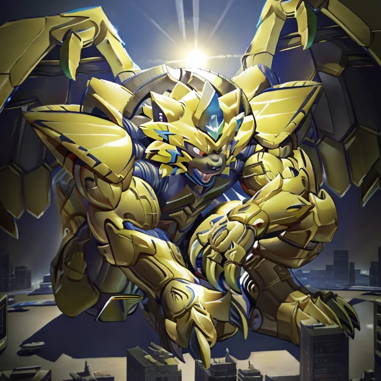 (zeraora, 8K), (zeraora's giant robot, Powered exoskeleton with the same design as zeraora), (Masterpiece, highres) (Detailed head, Detailed Body, Detailed abs, full body) (gigantic muscles, Gigachad Muscular, big muscle, pecs, triceps, traps, unusually developed muscular body, body full of huge muscles. showing off muscles, pectorales enormes, Exaggeratedly huge muscles.) (nj5furry, The claws are sharp, Sharp teeth, sharp claws), (long legs), (Spread wings, It has wings, have big wings, golden wings), (Wrestling, wrestler, the bodybuilding), (It has wings, whole body shines like metal, Wearing cyberpunk mecha, emphasizes the muscles, suit fully made of metal, intricate armor, Robotic suit, suit fully made of metal, cyborg), menacing pose, sitting on the throne, An arrogant expression. destroying city. BULK UP.