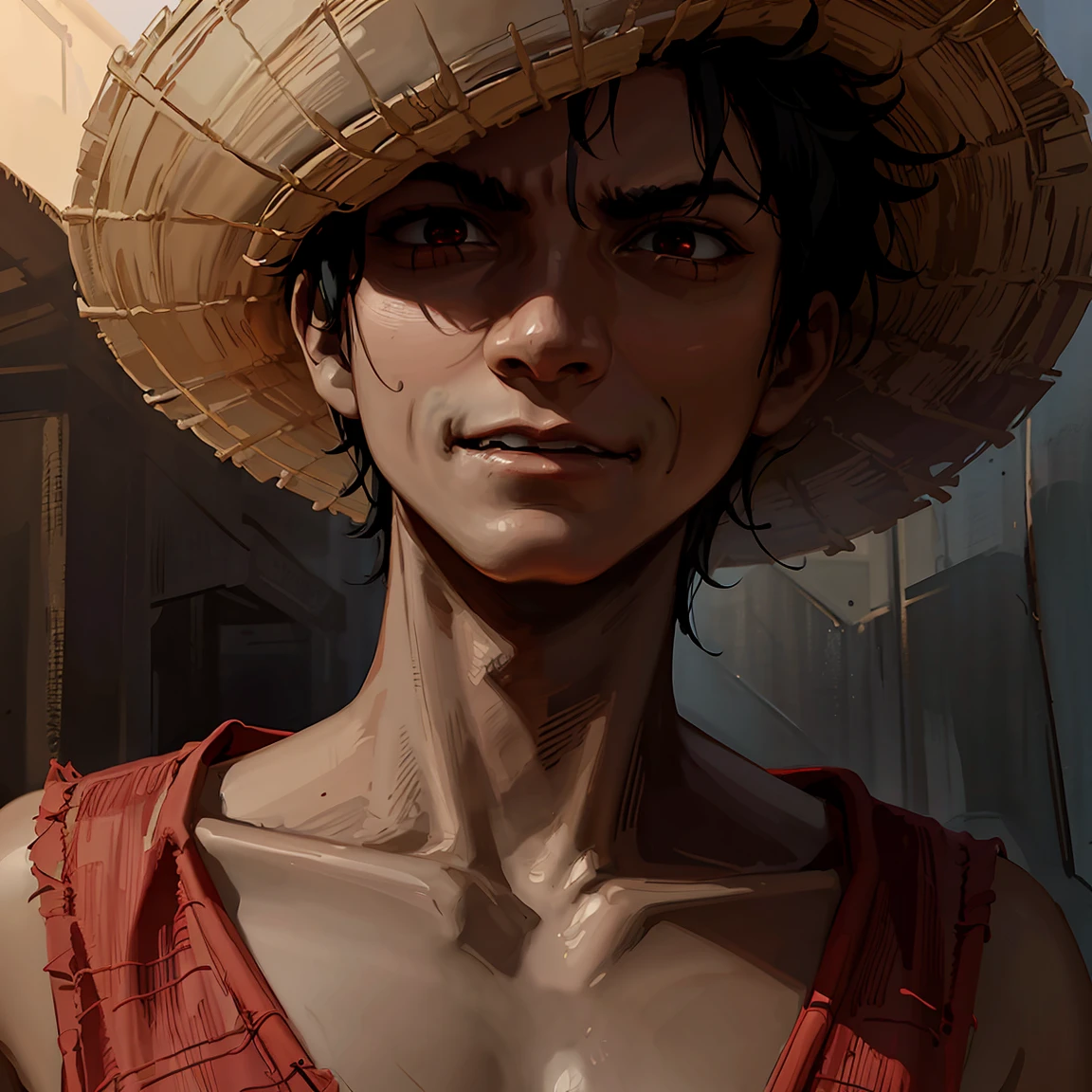 O Luffy , dark version ,horror style,Wearing the famous straw hat.