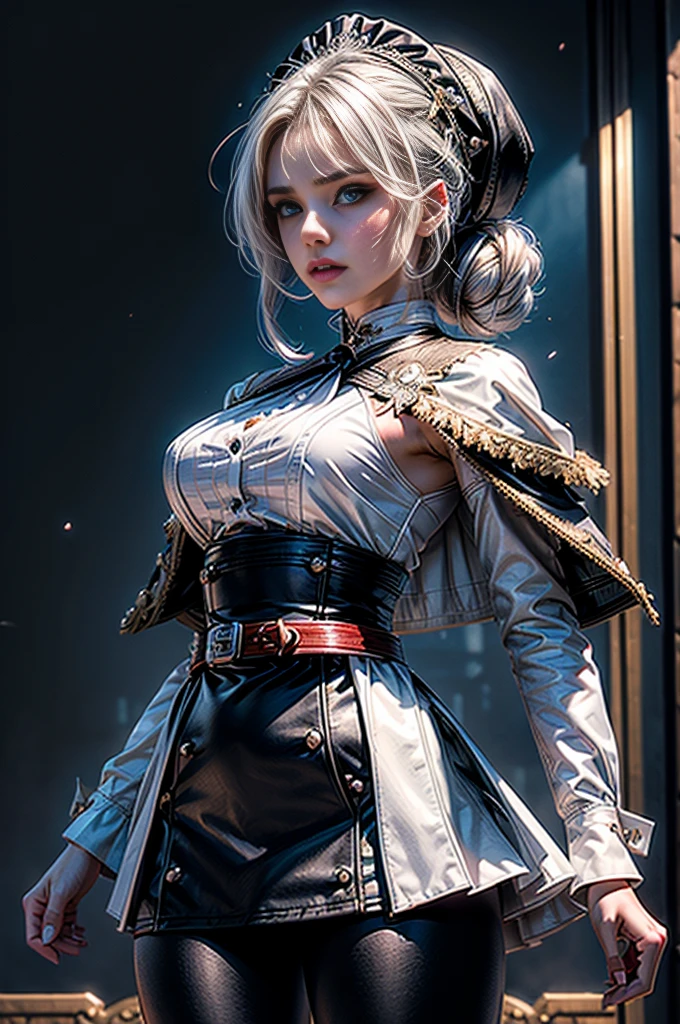 masterpiece,best quality, masterpiece, high detail,detailed face,detailed eyes,rendered eyes,perfect eyes,hip lines,crisp image,detailed,amazing,8k,8k wallpaper,8k background,high detailed skin,high res, (((cowboy shot))), solo, 1girl,looking at viewer,WillowSchnee, white hair tied up in a bun, low on the right side of the back of her head, while her bangs are shaped around the left side of her face and a small, curled lock of hair reaching almost to her shoulders. her attire consists of a black dress, white cravat secured by a silver brooch set with a red stone,  a wide belt around her waist,  black tights and red shoes. serious expression, standing in palace garden, hedge maze, crowd, (crowd in military dress), (volumetric lighting), sharp focus, hyper detailed 